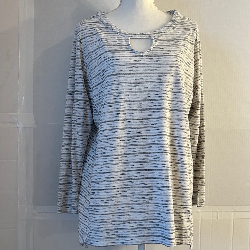 J Jill Fit Womens Pullover White & Gray Heathered Striped Keyhole Tunic Sz 1X